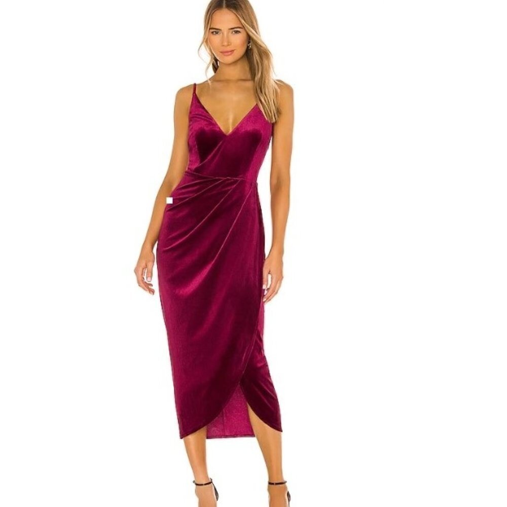 NWT Yumi Kim Velvet Felicity V Neck Spaghetti Strap Midi Dress Wine Medium